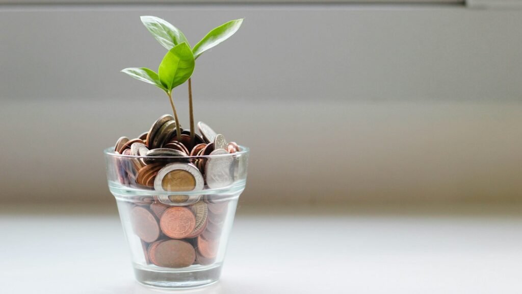 Planta crescendo em um pote de vidro com moedas